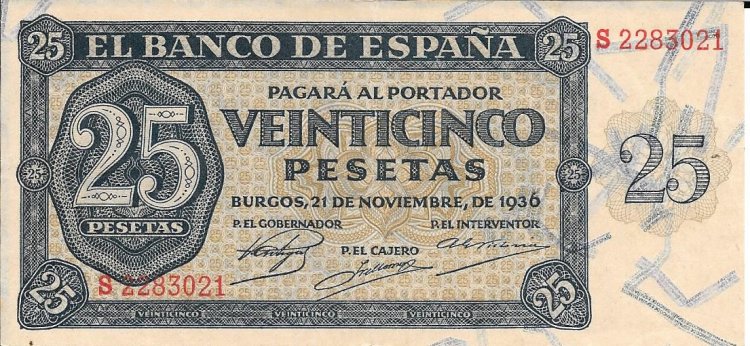 Billetes - EspaÃ±a - Estado EspaÃ±ol (1936 - 1975) - 25 ptas - 473 - mb+ - 1936 - Num.ref: S2283021 - Click en la imagen para cerrar