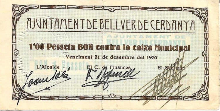 Billetes - EspaÃ±a - II RepÃºblica (1931 - 1939) - Locales - CataluÃ±a - 391 - mbc+ - Bellver Cerdanya - 1 peseta - Num.ref: 1224 - Click en la imagen para cerrar