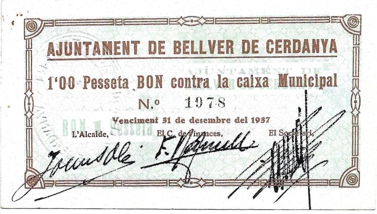 Billetes - EspaÃ±a - II RepÃºblica (1931 - 1939) - Locales - CataluÃ±a - 393 - ebc+ - Bellver Cerdanya - 1 peseta - Num.ref: 1978 - Click en la imagen para cerrar