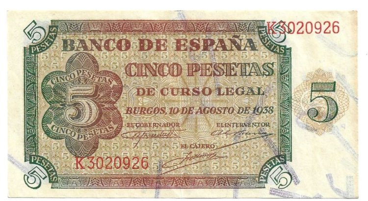 Billetes - EspaÃ±a - Estado EspaÃ±ol (1936 - 1975) - 5 ptas - 454 - mbc+ - 1938 - 5 pesetas - Num.ref: K3020926 - Click en la imagen para cerrar