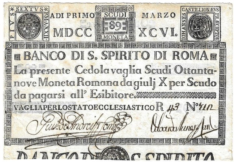 Billetes - Europa - Italia - 463 - MBC - 1786 - 89 scudi - Banco di Spirio Santo de Roma - Click en la imagen para cerrar