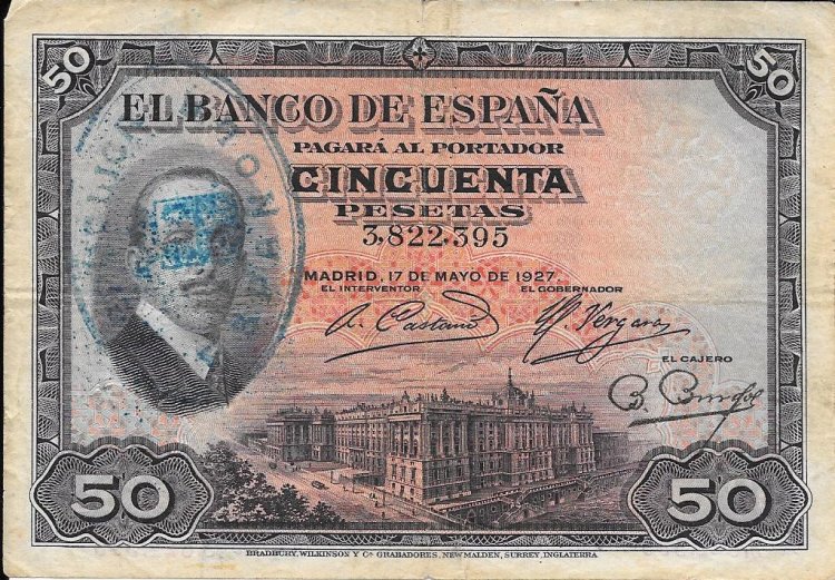 Billetes - España - Alfonso XIII (1886 - 1931) - 362 - bc+ - Año 1927 - ref:3822395 - Click en la imagen para cerrar