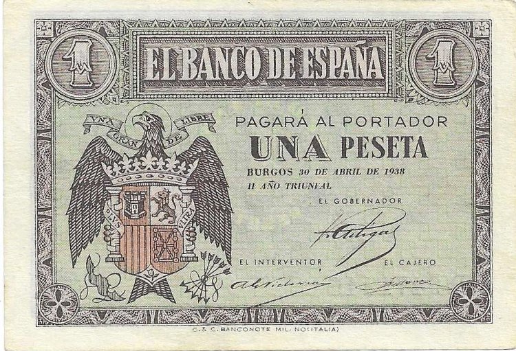 Billetes - EspaÃ±a - Estado EspaÃ±ol (1936 - 1975) - 1 ptas - 433 - SC - Abril 1938 - Num.ref: D6471446 - Click en la imagen para cerrar