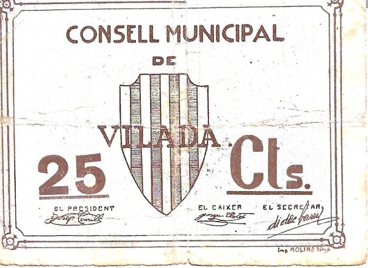 Billetes - EspaÃ±a - II RepÃºblica (1931 - 1939) - Locales - CataluÃ±a - 2766 - 1937 - (R) - Vilada - Num.ref: 1855 - Click en la imagen para cerrar