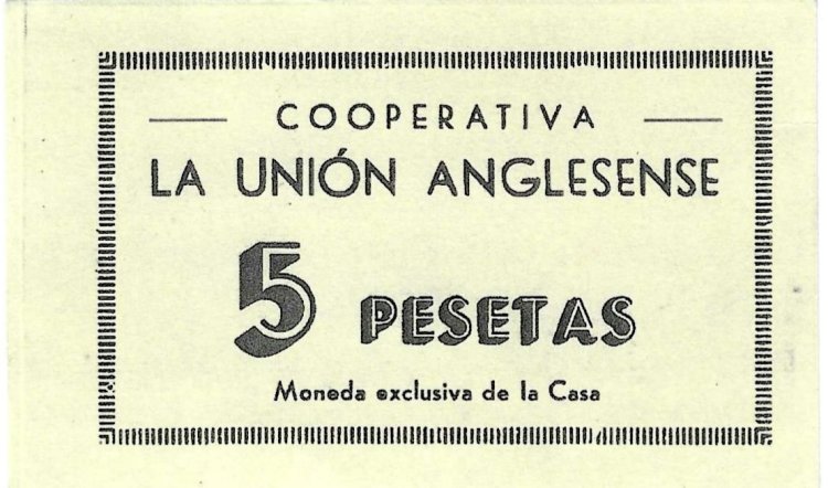 Monedas - Fichas Cooperativas y vales - - Cooperativa La Union Anglesense - sello - 5 ptas - Click en la imagen para cerrar