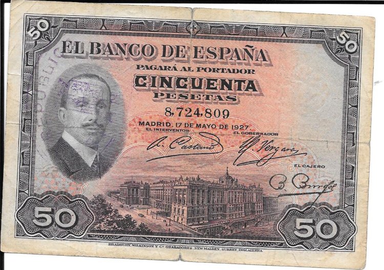 Billetes - España - Alfonso XIII (1886 - 1931) - 362 - bc+ - Año 1927 - ref:8724809 - Click en la imagen para cerrar