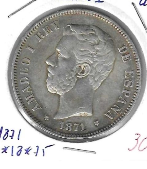 Monedas - EspaÃ±a - Amadeo I (3-I-1871 / 11-II-1873) - 116 - 1871*18*75 - 5 pesetas - plata - Click en la imagen para cerrar