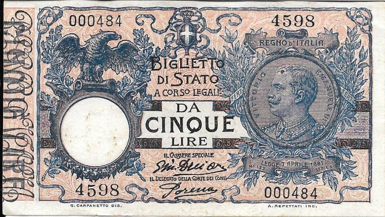 Billetes - Europa - Italia - 23 - ebc+ - 1904/25 - 5 liras - Num.ref: 000484 - Click en la imagen para cerrar