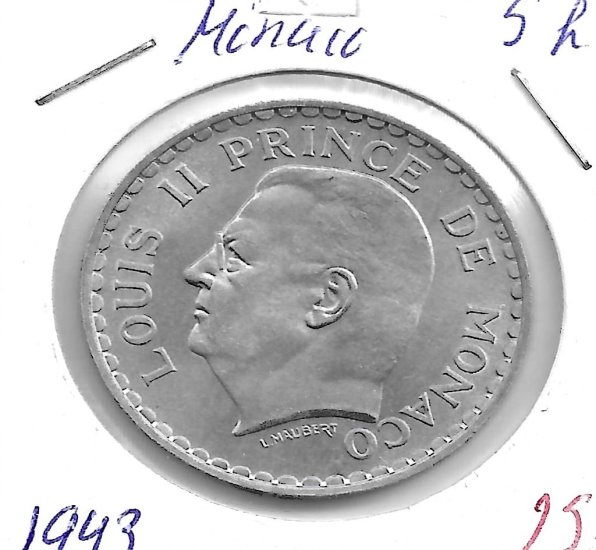 Monedas - Europa - Monaco - 122 - 1943 - 5 francos - Click en la imagen para cerrar