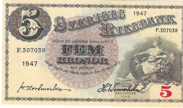 Billetes - Europa - Suecia - 33 - SC - 1947 - 5 coronas - Num.ref: 307039 - Click en la imagen para cerrar