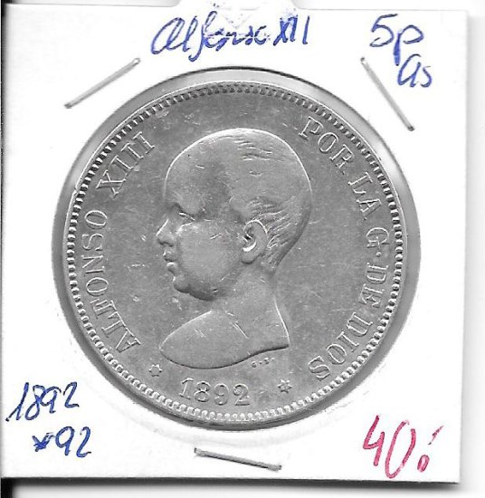 Monedas - EspaÃ±a - Alfonso XIII ( 17-V-1886/14-IV) - 146 - 1892*92 - 5 pesetas - plata - Click en la imagen para cerrar