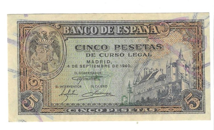 Billetes - EspaÃ±a - Estado EspaÃ±ol (1936 - 1975) - 5 ptas - 456 - EBC+ - 1940 - Num.ref: H2564346 - Click en la imagen para cerrar