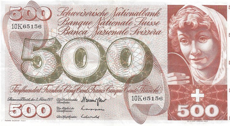 Billetes - Europa - Suiza - 51k - mbc+ - 7/3/1973 - 500 francos - Num.ref: 10K65156 - Click en la imagen para cerrar