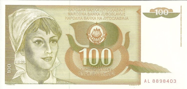 Billetes - Europa - Yugoslavia - 105 - S/C - Año 1990 - 100 Dinares - Click en la imagen para cerrar