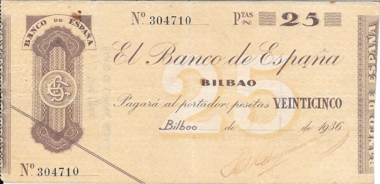 Billetes - España - II Republica (1931 - 1939) - Banco de España (Bilbao) - 392 - mbc+ - 1936 - 25 pesetas - Num.ref: 304710 - Click en la imagen para cerrar