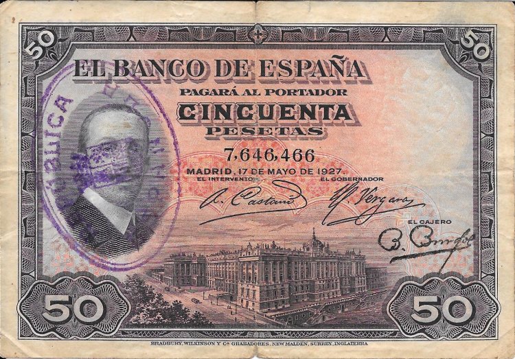 Billetes - EspaÃ±a - Alfonso XIII (1886 - 1931) - 361 - mbc- - 1927 - 50 pesetas - Num.ref:7646466 - Click en la imagen para cerrar