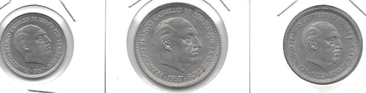 Monedas - España - Estado Español (1936 / 1975 ) - BA Barcelona - MBC+ - Año 1957 - Colección de 3 monedas - 5, 25 y 50 Pesetas - Click en la imagen para cerrar