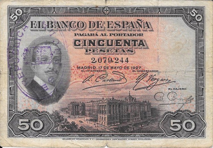 Billetes - España - Alfonso XIII (1886 - 1931) - 362 - Bc+ - Año 1927 - 50 pesetas - ref: 2079244 - COn sello de la Republica - Click en la imagen para cerrar