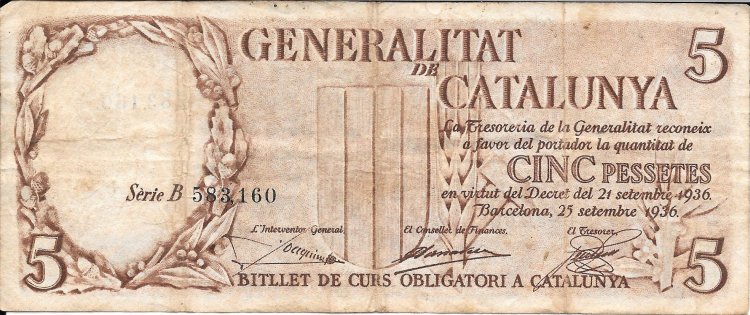 Billetes - EspaÃ±a - II RepÃºblica (1931 - 1939) - Generalitat de Catalunya - 423 - bc+ - 1936 - 5 pesetas - Num.ref: B583160 - Negro - Click en la imagen para cerrar