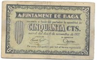 Billetes - EspaÃ±a - II RepÃºblica (1931 - 1939) - Locales - CataluÃ±a - 260 - MBC- - 1937 - Baga - 50 Cts - num ref:2719