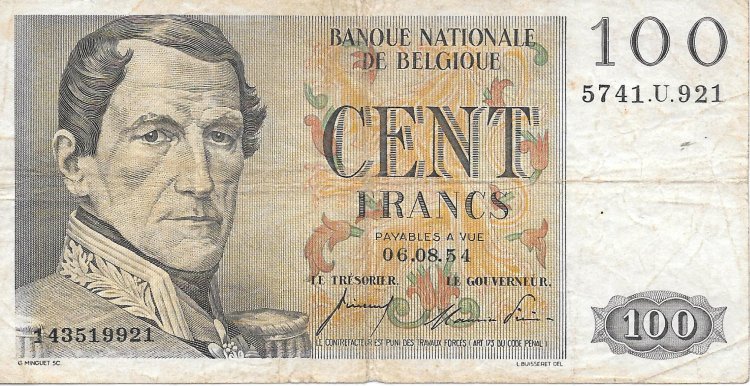 Billetes - Europa - Belgica - 129b - BC+ - Año 1954 - 100 Francos - num ref: 5741U921 - Click en la imagen para cerrar