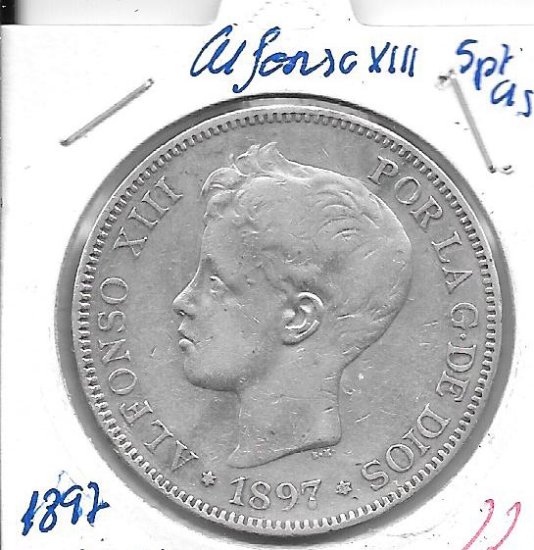 Monedas - EspaÃ±a - Alfonso XIII ( 17-V-1886/14-IV) - 152 - 1897*18*97 - 5 pesetas - plata - Click en la imagen para cerrar