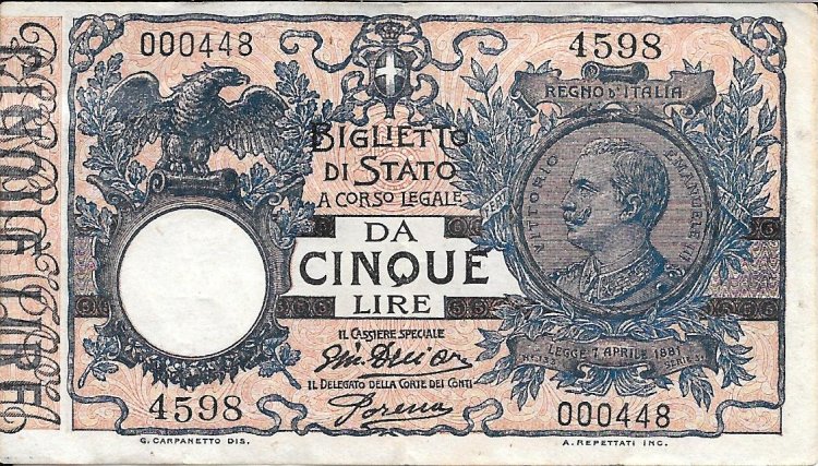 Billetes - Europa - Italia - 23 - mbc - 1904/25 - 5 liras - Num.ref: 000448 - Click en la imagen para cerrar