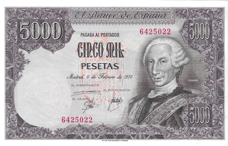 Billetes - EspaÃ±a - Juan Carlos I (1975 - 2014) - 5000 ptas - 525 - SC - 1976 - Num.ref: 6425022 - sin serie - Click en la imagen para cerrar