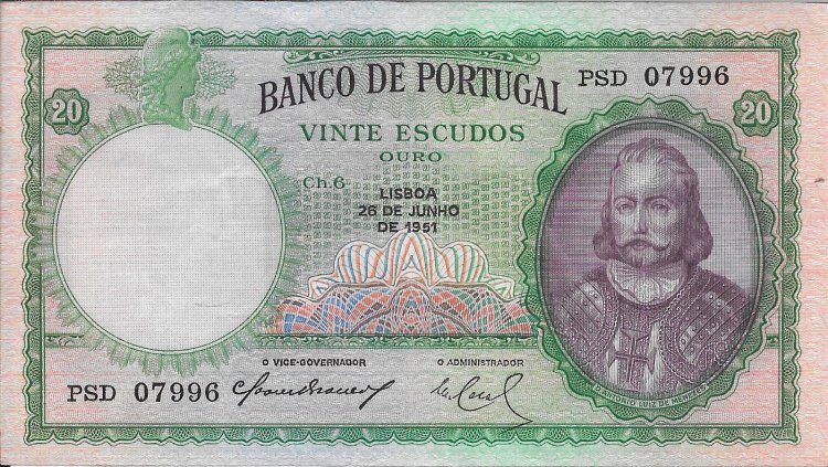 Billetes - Europa - Portugal - 153a - MBC+ - 1951 - 20 Escudos - num ref:PSD07996 - Click en la imagen para cerrar