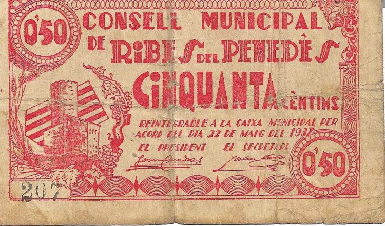 Billetes - EspaÃ±a - II RepÃºblica (1931 - 1939) - Locales - CataluÃ±a - 2115 - 1937 - Ribes del PenedÃ©s - 50 centimos - Click en la imagen para cerrar