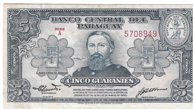 Billetes - America - Paraguay - 186 - MBC+ - 1952 - 5 guaranies - Num.ref: 5708949 - Click en la imagen para cerrar