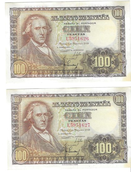 Billetes - EspaÃ±a - Estado EspaÃ±ol (1936 - 1975) - 100 ptas - - MBC+ - 1948 - Pareja correlativa - Num.ref: E5951626/7 - Click en la imagen para cerrar