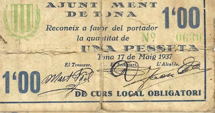 Billetes - EspaÃ±a - II RepÃºblica (1931 - 1939) - Locales - CataluÃ±a - 2499 - 1937 - Tona - 1 peseta - Click en la imagen para cerrar