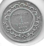 Monedas - Africa - Tunez - 22 - 1892 - 1 franco - plata