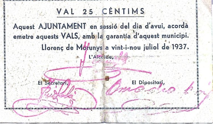 Billetes - EspaÃ±a - II RepÃºblica (1931 - 1939) - Locales - CataluÃ±a - 1632 - 1937 - LlorenÃ§ de Morunys - 25 centimos - Click en la imagen para cerrar