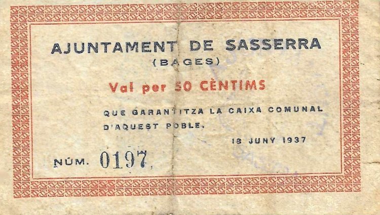 Billetes - EspaÃ±a - II RepÃºblica (1931 - 1939) - Locales - CataluÃ±a - 2300 - 1937 - Sasserra - Num.ref: 0197 - Click en la imagen para cerrar