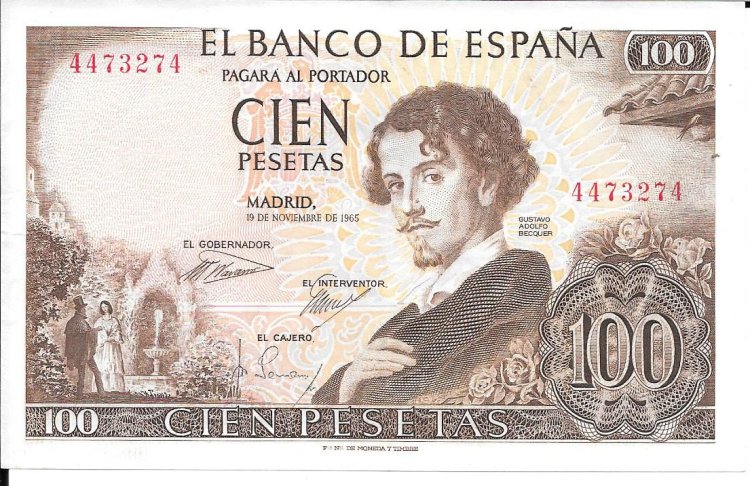 Billetes - EspaÃ±a - Estado EspaÃ±ol (1936 - 1975) - 100 ptas - 493 - ebc+ - 1965 - num. ref: 4473274 - Click en la imagen para cerrar