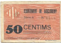 Billetes - EspaÃ±a - II RepÃºblica (1931 - 1939) - Locales - CataluÃ±a - 448 - MBC - 1937 - Gisclareny - 50 Ct - num ref:0448