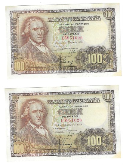 Billetes - EspaÃ±a - Estado EspaÃ±ol (1936 - 1975) - 100 ptas - - MBC+ - 1948 - Pareja correlativa - Num.ref: E5951628/9 - Click en la imagen para cerrar