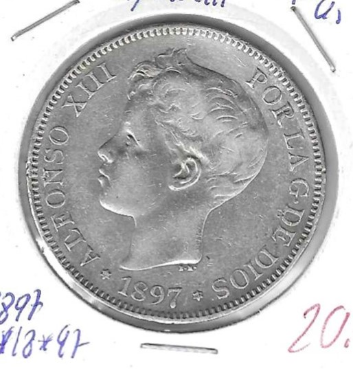 Monedas - EspaÃ±a - Alfonso XIII ( 17-V-1886/14-IV) - 152 - 1897*18*97 - 5 pesetas - plata - Click en la imagen para cerrar