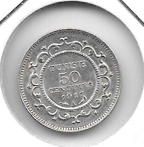 Monedas - Africa - Tunez - 237 - 1917 - 50 ct - plata - Click en la imagen para cerrar