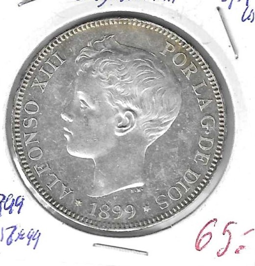 Monedas - EspaÃ±a - Alfonso XIII ( 17-V-1886/14-IV) - 154 - 1899*18*99 - 5 pesetas - plata - Click en la imagen para cerrar