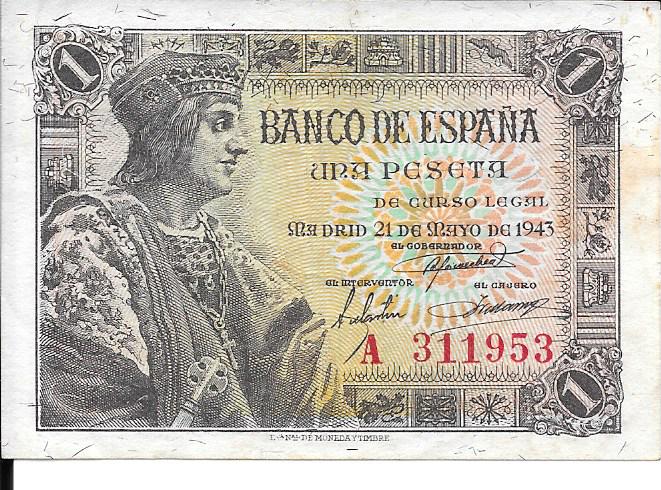 Billetes - EspaÃ±a - Estado EspaÃ±ol (1936 - 1975) - 439 - ebc - 1943 - 1 pta - num. ref: A311953 - Click en la imagen para cerrar