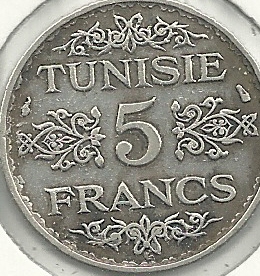 Monedas - Africa - Tunez - 261 - Año 1934 - 5 Francos - Click en la imagen para cerrar