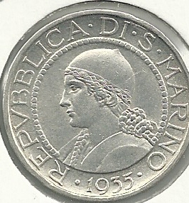 Monedas - Europa - San Marino - 9 - Año 1935 - 5 Liras - Click en la imagen para cerrar