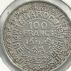 Monedas - Africa - Marruecos - 52 - Año 1953 - 100 Francos - Click en la imagen para cerrar