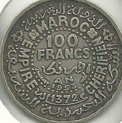 Monedas - Africa - Marruecos - 52 - Año 1953 - 100 Francos - Click en la imagen para cerrar