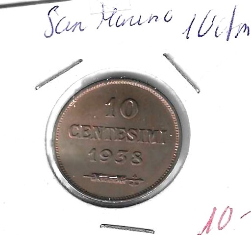 Monedas - Europa - San Marino - 13 - 1938 - 10 ctm - Click en la imagen para cerrar