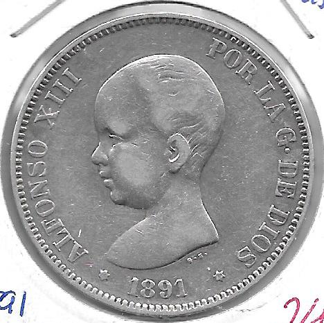 Monedas - EspaÃ±a - Alfonso XIII ( 17-V-1886/14-IV) - 145 - 1891*91 - 5 pesetas - plata - Click en la imagen para cerrar