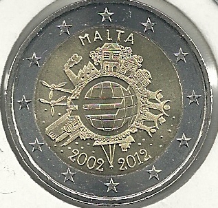 2€ - Malta - SC - Año 2012 - 10ºAniversario Circulacion del Euro - Click en la imagen para cerrar